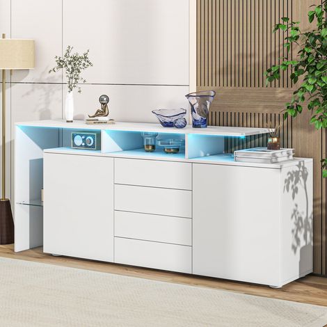 Buffet bas LED 160 cm avec 2 portes, 4 tiroirs, 2 niches et étagère en verre, façades blanc brillant, panneaux de particules, meuble de rangement (1/5)