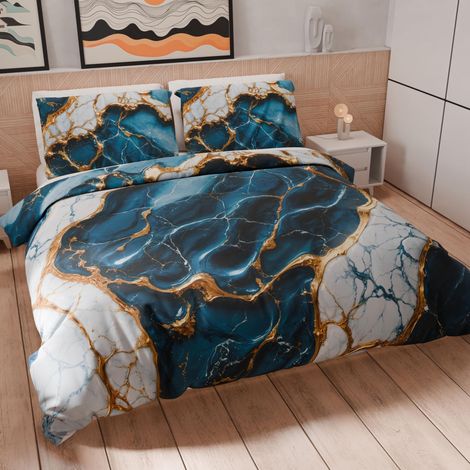 Housse de Couette 1,5 Place 200x200 cm 1 Taie 50x80 cm Incluse, Parure en Microfibre Imprimée Effet Marbre Bleu (1/5)