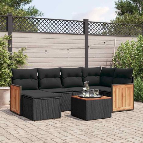 Salon de jardin 7 pièces avec coussins noir en résine tressée, table et repose-pied - PANGIVO (1/5)