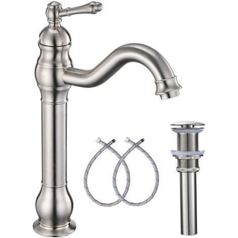 Rubinetto per lavabo monoforo girevole a 360° con maniglia singola e piletta a scomparsa, finitura argento spazzolato. (1/5)