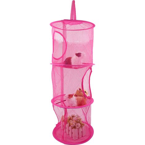 Hängende Aufbewahrungskörbe aus Netzgewebe – 3 Fächer – Organizer für Unterwäsche und Spielzeug – Faltbar – Nylon – Rosarot – 27 x 75 cm