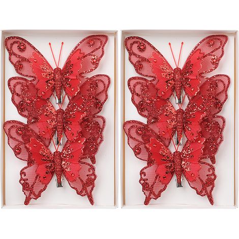 Schmetterlinge zum Anclipsen für den Weihnachtsbaum, glitzernde Perlen-Schmetterlingsaufkleber für DIY-Bastelarbeiten, Seiden-Schmetterlinge, Weihnachtsbaumschmuck, Heimparty, Hochzeitszeremonie, Rot (1/2)