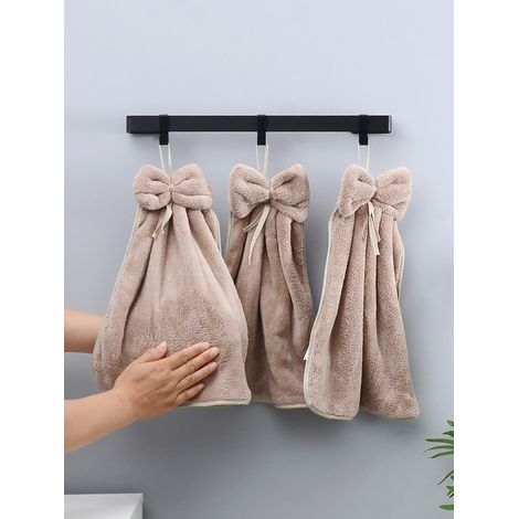 Lot de 3 Serviettes de Main douces et absorbantes en polaire coral, nœud rayé créatif, avec anneau de suspension (Torchons de Cuisine) (1/4)