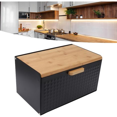 Boîte à pain en bois vintage haut de gamme - Capacité extra large pour stockage dans la cuisine - Couverture en bambou naturel avec cadre en fer - Dimensions 35.5x21.5x20cm - Noir (1/5)