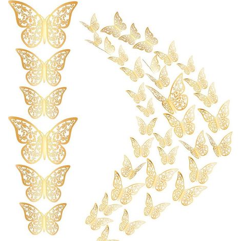 Lot de 36 autocollants muraux papillons creux dorés (1/5)