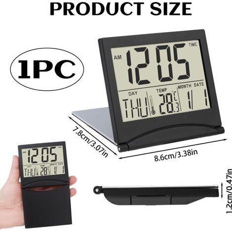 Horloge avec Date et Jour LCD Alarme de Voyage Pliable – Digitale Réveil Numérique - Horloge de Bureau, Table avec Indication de la température et de la Date – Noir (1/3)