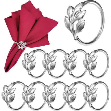 Lot de 10 ronds de serviette en métal, motif feuille, pour la table. Accessoires et décorations de table, parfaits pour les repas de famille, mariages, anniversaires, Noël et Thanksgiving. Dimensions (1/5)