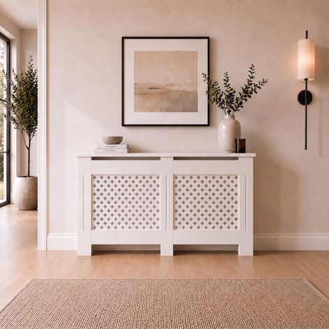 Radiator Cover Wall Cabinet Large MDF Wood White Diamond Style Modern Furniture (1/5)