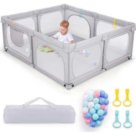 COSTWAY Grand Parc pour Bébé avec 50 Balles Océaniques, Clôture pour Tout-Petits avec 4 Anneaux à Main, Centre d'Activités pour Bébé avec Maille Respirante, 189 x 158 x 68 CM (Gris Clair) (1/5)