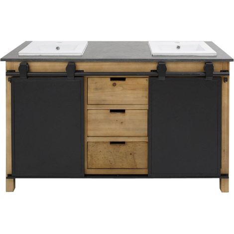 Made In Meubles – Meuble double vasque en pin recyclé et pierre bleue – 2 vasques intégrées – 3 tiroirs – Portes coulissantes en métal noir – Dimensions 86x145x63cm (1/5)
