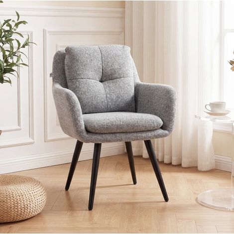 Fauteuil design 65x72x86 cm gris clair, dossier capitonné, tissu aspect lin et pieds métal MEUBLIV (1/5)