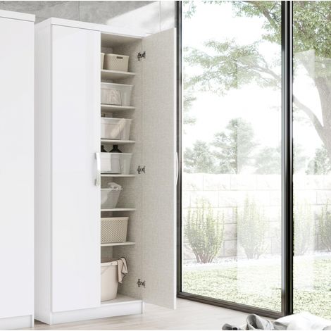 Befara – Armoire multifonction 2 portes – 6 étagères en mélamine blanche – Dimensions 61 x 34 x 180 cm – Capacité 8 kg par étagère