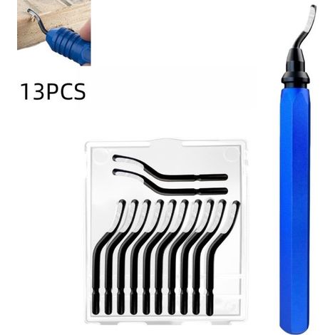 Kit d'ébavurage 13 pièces : 1 poignée antidérapante, 12 lames rotatives en acier rapide, bleu, 151 x 12 mm (1/5)
