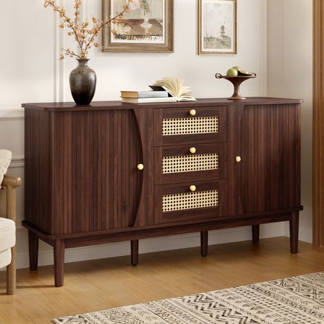 URBAN MEUBLE Buffet en effect bois noyer et rotin avec 3 tiroirs et rangement latéral - style rétro 140.5x40x73cm (1/5)