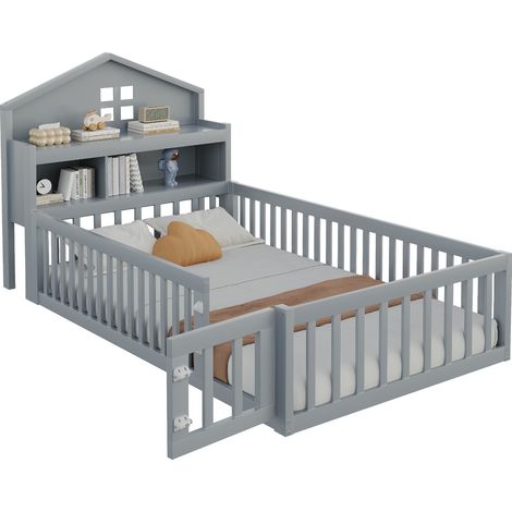 CAIziLit enfant 90 x 200, cadre de lit enfant en bois massif, en forme de maison, avec étagères et espace de rangement, avec barrière de protection et porte, avec rebord pour affiches, avec sommier à (1/5)