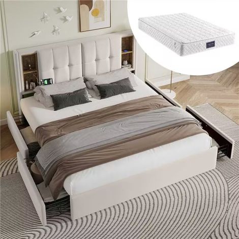 Lit double 160x200 cm en velours beige avec cadre rembourré, sommier à lattes en bois, 4 tiroirs de rangement et chargeur sans fil USB-C intégré (matelas inclus) (1/5)