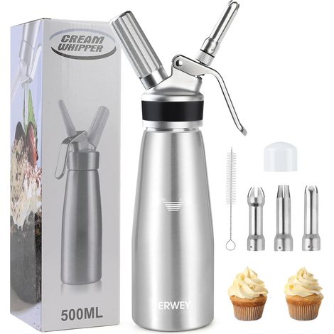 Chantilly Siphon 500 ml, Aluminium Chantilly Siphon, Kitchen Siphons with 3 Nozzles and 1 Cleaning Brush, Siphon for Decorating Patisserie and Desserts (1/5)