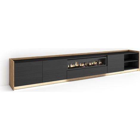 Skraut Home - Mueble TV, Televisión, Muebles de salón, almacenaje, 310x37x50cm, Para TV hasta 80", Chimenea eléctrica, LED, Estilo Moderno, Negro y roble (1/5)