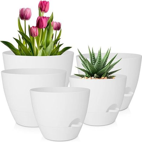 Vasi da fiori autoirriganti da 7/6,5/6/5,5/5 pollici, set di 5 vasi da fiori in plastica con fori di drenaggio e sottovasi, vasi da fiori in plastica, fioriere da interno ed esterno per uso domestico 