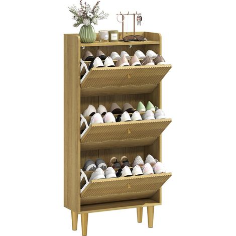 Modern Narrow Shoe Cabinet with 3 Flip Drawers, Adjustable Shelves & Top Shelf for Hallway Entryway (Holds 12-18 Pairs)