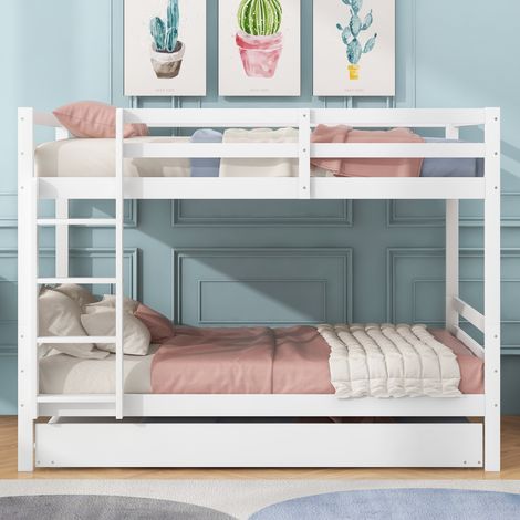 Lit superposé 140x200 cm blanc, couchette enfant avec tiroir gigogne, garde-corps renforcé, échelle solide, 2 couchages, chambre kids (1/5)