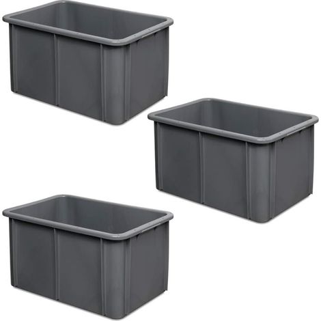 BRB Lot de 3 récipients pour charges lourdes - Dimensions : 600 x 400 x 320 mm - Capacité : 60 l - Fermés - Gris
