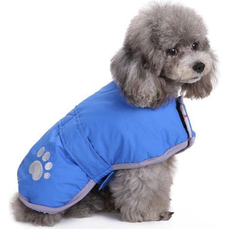 Manteau d'hiver réversible en polaire pour chien, chaud et imperméable, les vêtements d'hiver peuvent être portés des deux côtés (bleu, L). (1/2)