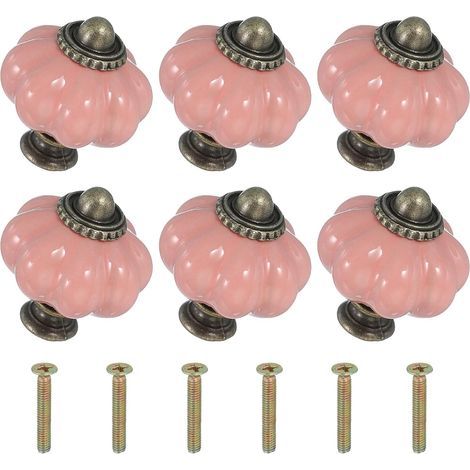 Boutons en céramique rose, 3,33,33,8 cm, 6 pièces avec vis, boutons et poignées de tiroir de meuble en céramique en forme de citrouille. (1/5)