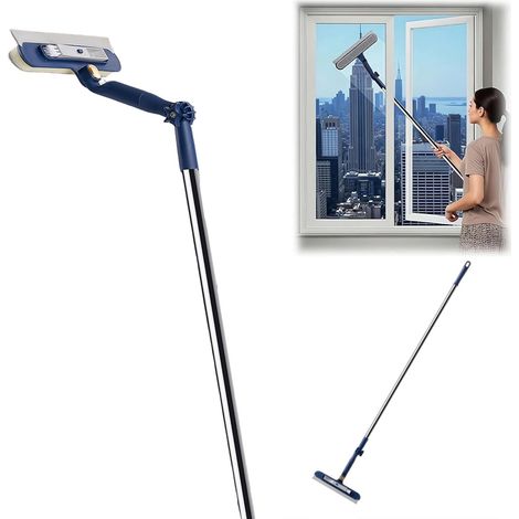 Nettoyeur de vitres télescopique 2-en-1 – Tête pivotante pour angles difficiles – Manche ergonomique 120 cm – Brosse microfibre et raclette caoutchouc