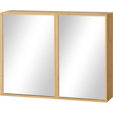 Armadio da bagno con specchio in bambù naturale, 2 ante e 3 ripiani interni, 65,2 x 14 x 50 cm (1/5)