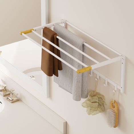 Porte-serviettes mural escamotable 5 barres + 6 patères, bois et acier blanc, 60x32,5x20 cm