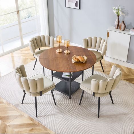 Conjunto de comedor de MDF efecto nogal y metal negro, 4 plazas, mesa redonda con sillas florales (1/5)