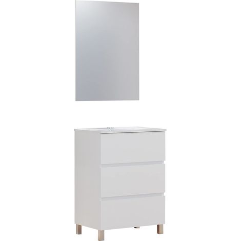 Ensemble de Meuble de Salle de Bain avec lavabo en céramique et Miroir Lune Lisse, Trois tiroirs, sur Pieds. Disponible en différentes Finitions. Meuble monté Blanc (1/5)