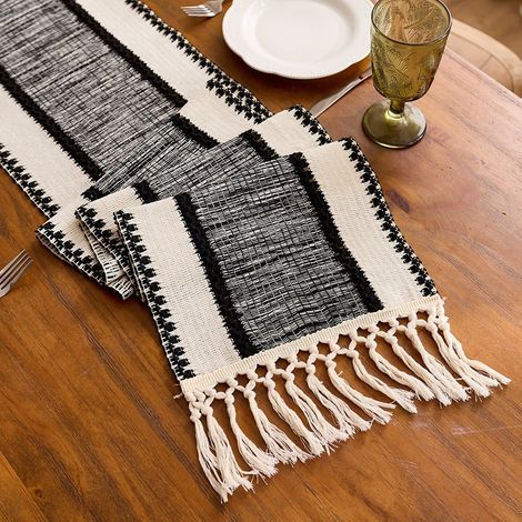 Rayure noire large 30x200cm Chemin de table en coton et lin à blocs de couleur, orné de pompons ajourés noués, longue nappe décorative pour meuble TV de salon, table basse, set de table. (1/5)