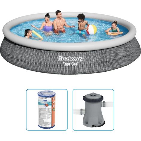 Piscine gonflable Bestway Fast Set - 457 x 84 cm - Imprimé rotin - Ronde - Avec pompe filtrante (1/5)