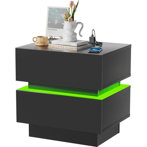 Table de Chevet LED avec 2 Tiroirs - 16 Coloris Personnalisables & Éclairage d'Ambiance, Panneau de Particules Résistant (45x35x46cm) - Multifonctionnelle pour Chambre/Salon/Game Room (1/4)