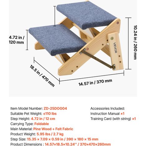 VEVOR Wood Pet Stairs, 2-Step Dog Stairs for Beds, Sofa & Cars, 50 kg Load Capacity, Floded Flat Design, Stable & Sturdy Cat & Dog Step Ladder for Small Medium Large Older Pet Puppy Essentials (1/4)