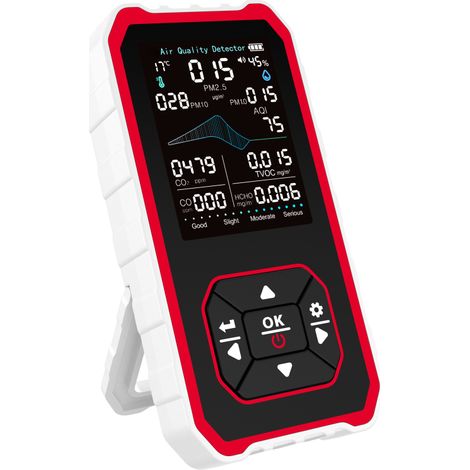 Analizzatore portatile 10 in 1 della qualità dell'aria interna con supporto, misurazione in tempo reale di AIQ, CO₂, CO, PM2.5, PM1.0, PM10, TVOC, HCHO, temperatura e umidità. Allarme bianco/rosso.