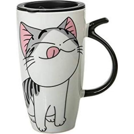 Tazza Lucky Cat 600ml - Tazza in porcellana bianca - Tazza per tè e caffè - Coperchio isolante - Idea regalo Lucky Cat (1/3)