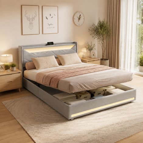 Lit coffre double adulte 140x200 cm avec sommier hydraulique, éclairage LED, ports USB et Type-C, ports de charge (1/5)