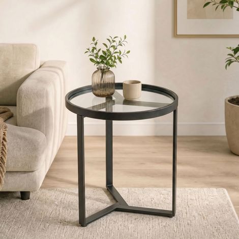 Mesa auxiliar redonda Kérian tampo vidro temperado e estrutura metálica geométrica, design moderno depurado, ideal para espaços pequenos cor preta elegante (1/5)