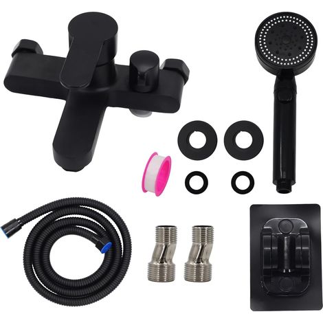 Robinet de bain noir, Robinetterie de baignoire murale avec ensemble de douche, Mitigeur monocommande avec tuyau de douche de 1,5 m et douchette (1 type de jet), Noir (1/5)