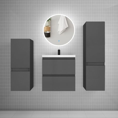 Ensemble meuble vasque L.50cm 2 tiroirs + lavabo + LED miroir rond 60cm + 2colonne,anthracite (1/5)