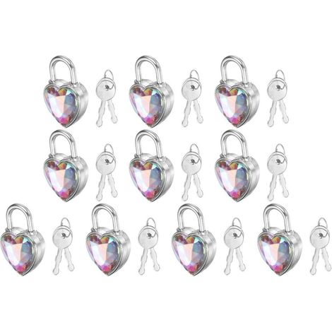 10x Mini cadenas en forme de cœur avec 2 clés, multicolore, métal