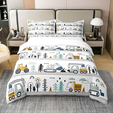 Ensemble de Literie 140x200 Coton Enfants Cartoon Car, Housse de Couette Construction, Parure de Lit Camions D'Équipement, Couvre Lit Excavateur Tracteur Blanc Jaune, Doux (1/5)