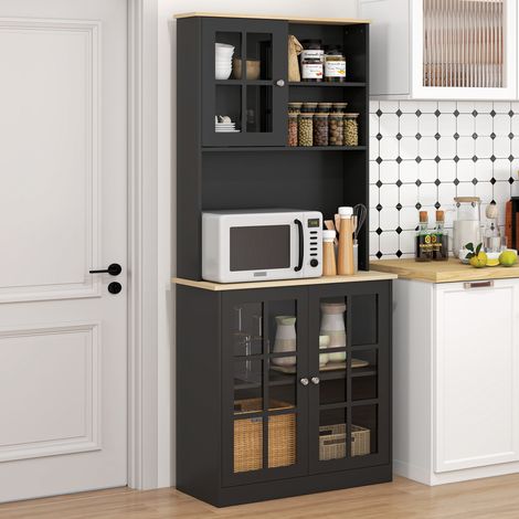 Küchen-Sideboard, hoher Küchenschrank mit Arbeitsplatte, 3 Glastüren, 2 Nischen und verstellbaren Einlegeböden, 80 x 37 x 183 cm, Eiche schwarz