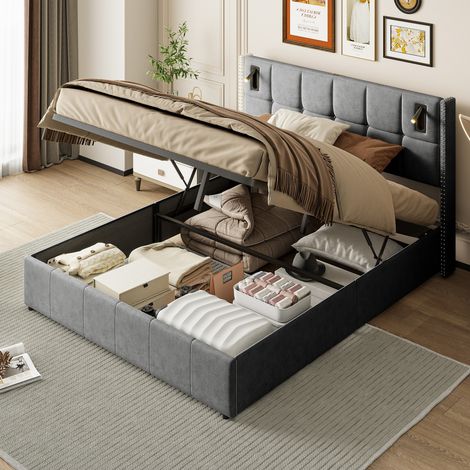Letto contenitore 160x200 cm - con luce di lettura - contenitore idraulico - velluto - rete a doghe - adatto ad adolescenti e adulti - Grigio