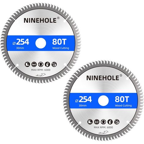 2 x Circular Saw Blade 254 x 30 mm (Ring 25 mm, 20 mm and 16 mm), 80 Teeth Clean Cuts, Cutting Disc for Wood, Drying, Laminate, Partition, Plywood, Plastic (1/5)