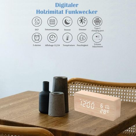 Sveglia digitale radiocontrollata con 3 sveglie indipendenti e funzione snooze – Sveglia in legno con visualizzazione di data e temperatura, controllo del volume e della luminosità (1/4)