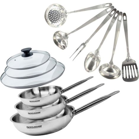 Set 3 poêles inox, couvercles et 6 ustensiles inox (1/5)
